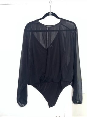 Express Black Sheer Long-Sleeve Bodysuit Top - Women's